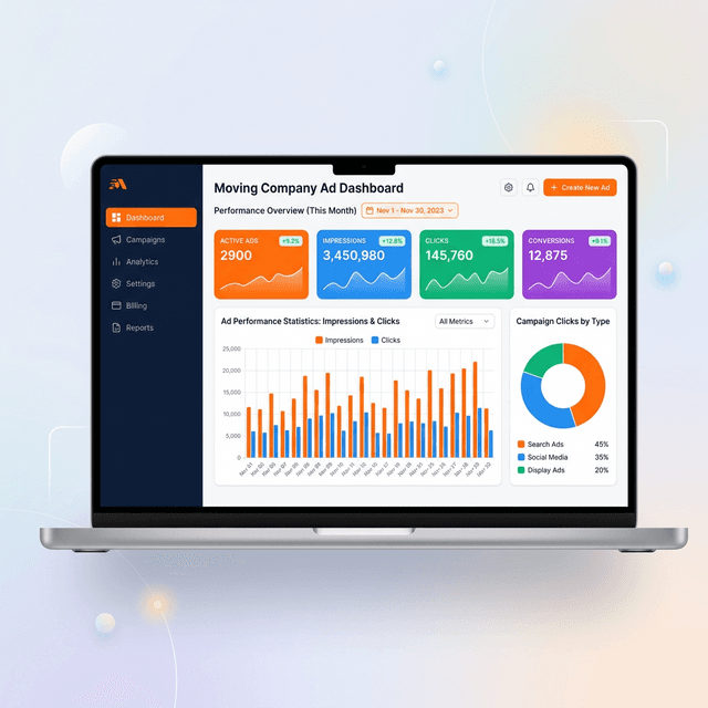 Panel de gestión profesional de MudanzaManía Pro: estadísticas de anuncios activos, impresiones y gestión de campañas